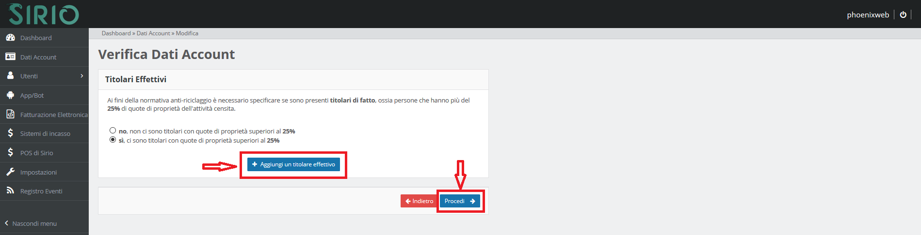 Verifica dati account, punto 5